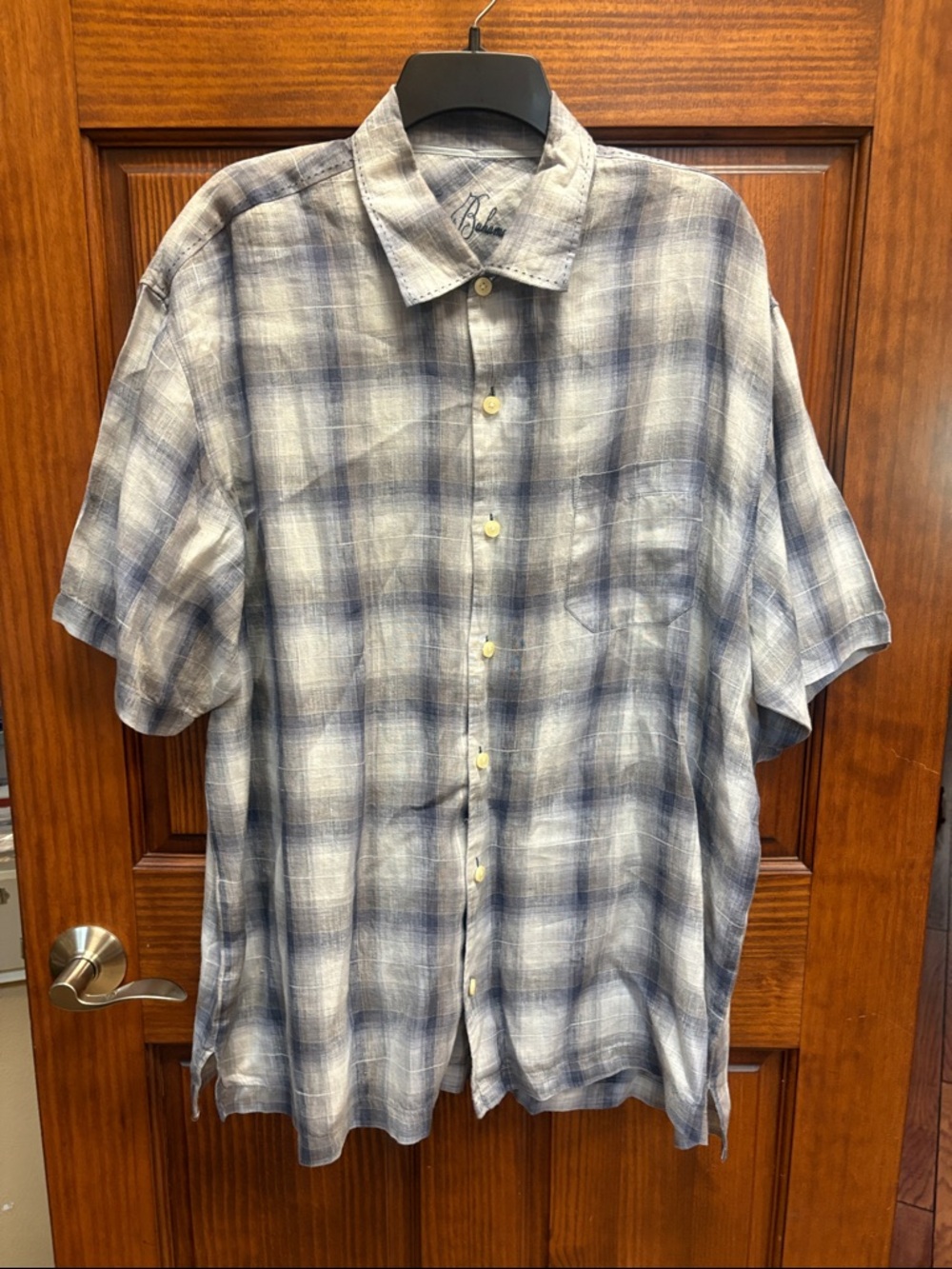 Tommy Bahama Blue and White Plaid Short-Sleeve Button-Up Shirt